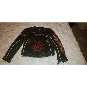 Ed Hardy Leather Motorcycle Jacket Tattoo Art Painted Armor Black Skull Y2K 90's